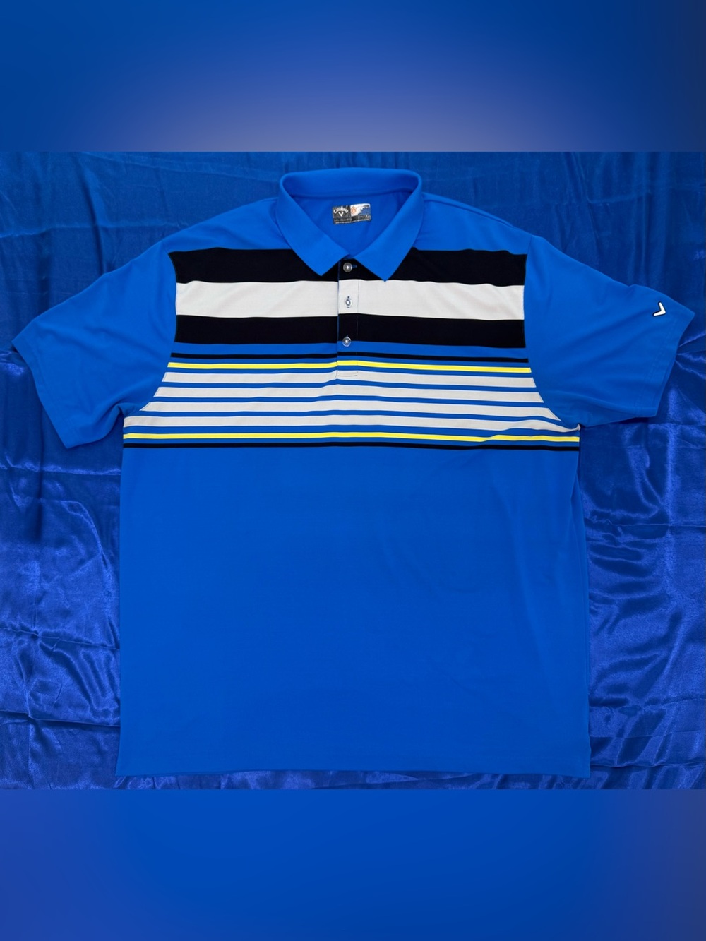 Callaway Royal Blue Black White Yellow Striped Performance Golf Polo Men’s XXL